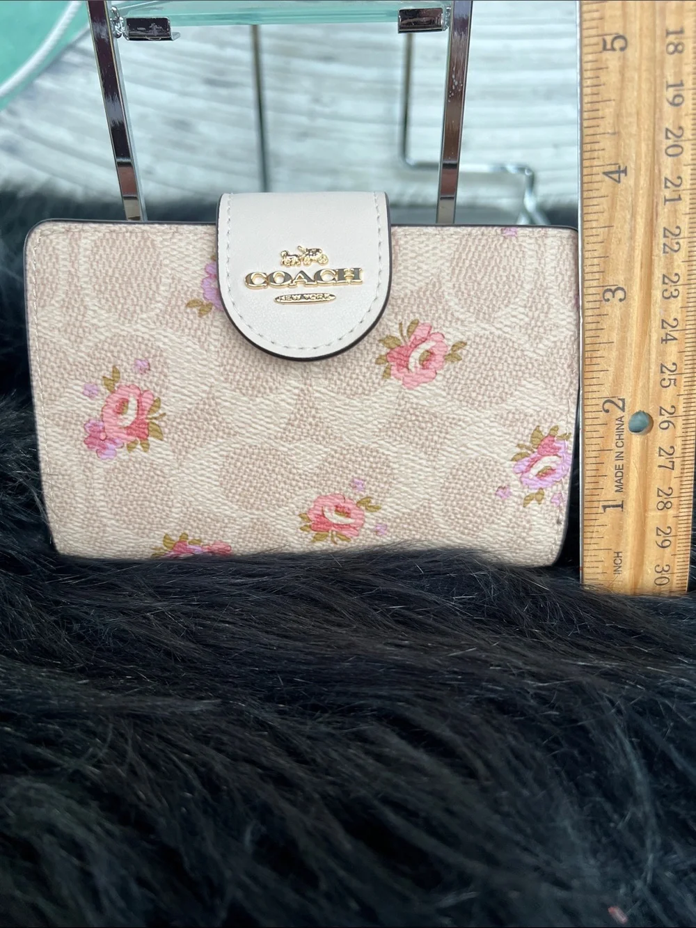 Coach Beige Pink Floral Small Wallet with White Snap